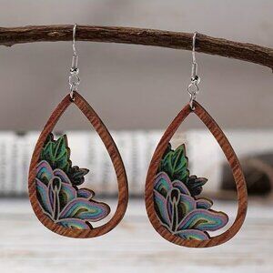 Wooden Floral Leaf Boho Dangle Drop Earrings